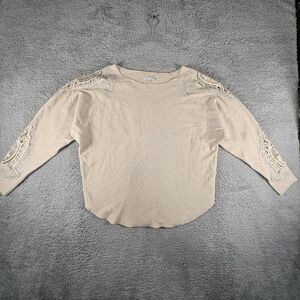 Vila‎ Milano Sweater L Womens Beige Cold Shoulder Crochet Applique Embellished